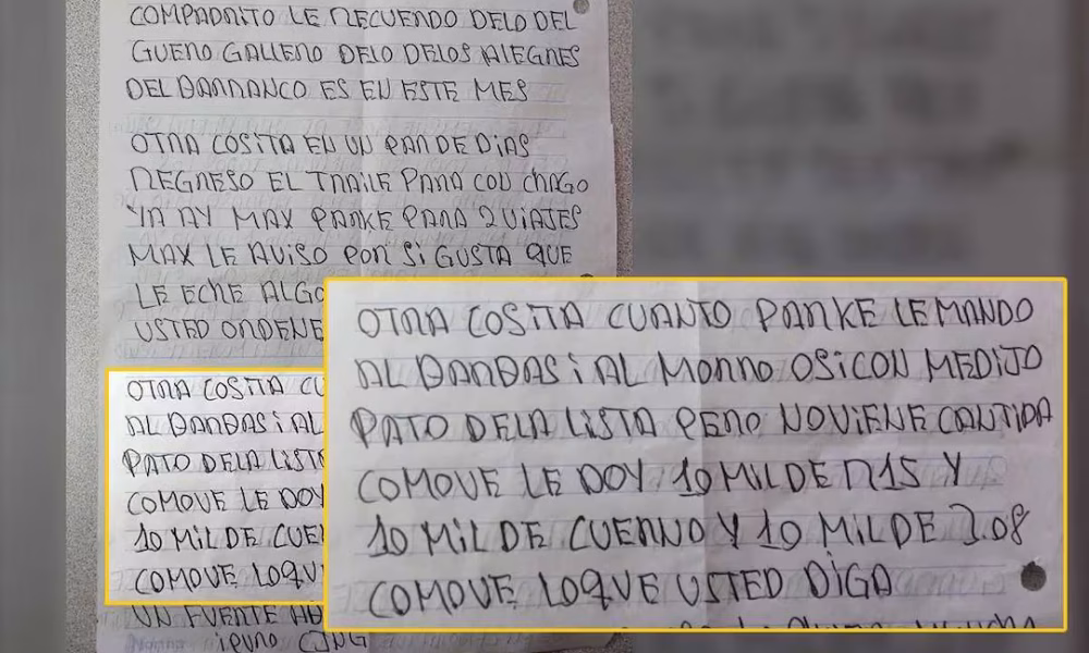 Cartas manuscritas encontradas en la guarida de 'El Mencho' en Tapalpa, Jalisco, con menciones a 'Los Alegres del Barranco'.